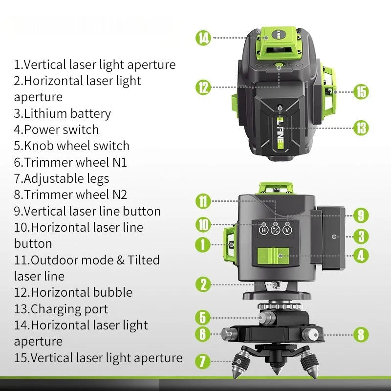 Green 16-line laser level with 360° emission angle on measurement surface