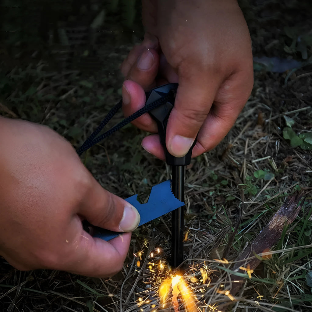Black outdoor camping stainless steel multifunctional flint with magnesium rod and survival tools