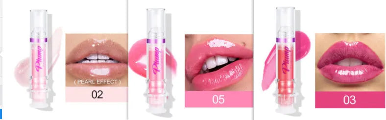Lip gloss tube with mirror finish showing shiny application on lips
