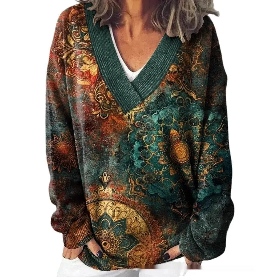 Women's floral pattern 3D printed V-neck sweatshirt with long sleeves