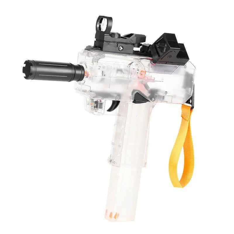 Uzi style electric water gun toy in transparent blue plastic with attached tactical sight and long barrel.