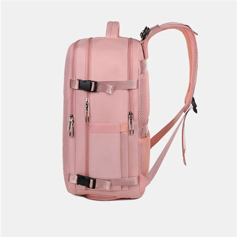 Large-capacity purple travel backpack with multiple compartments and air-pillow straps for organised travel