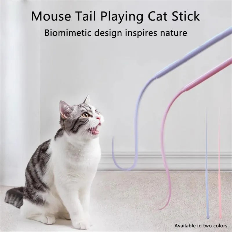 Simulated mouse tail cat toy with flexible silicone tail and cat head design