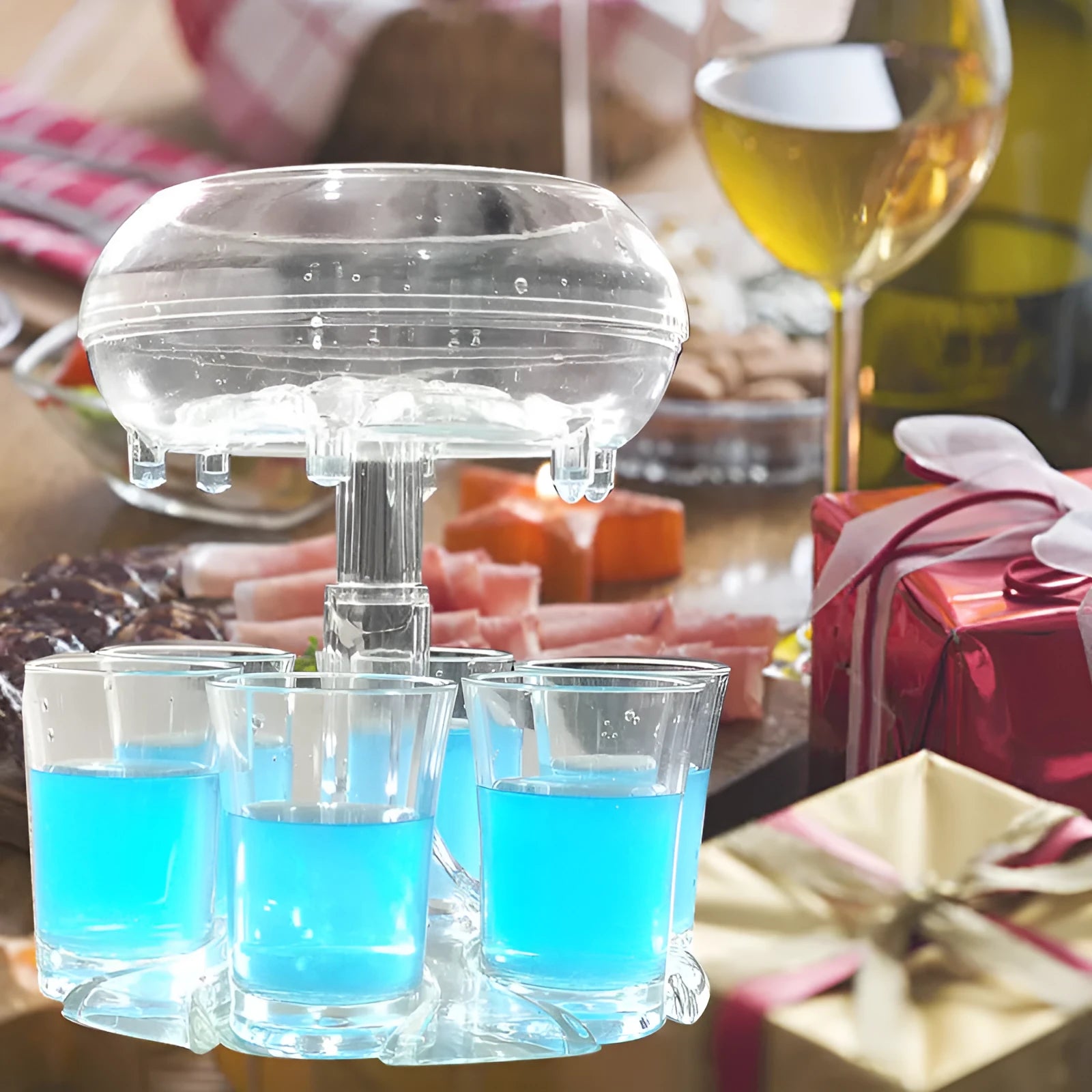 Transparent Plexiglass 6-shot glass dispenser rack holding six cups on a stand.