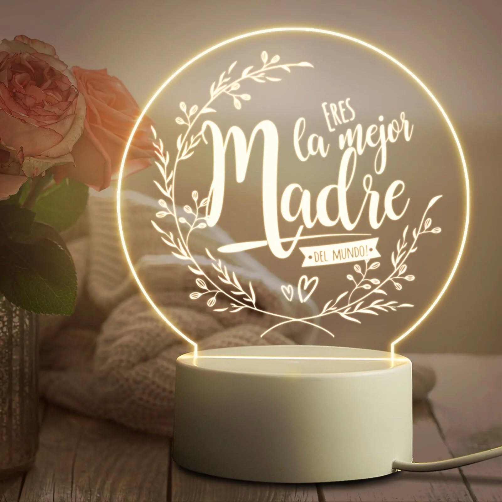 Modern white USB LED night light with acrylic shade on bedside table