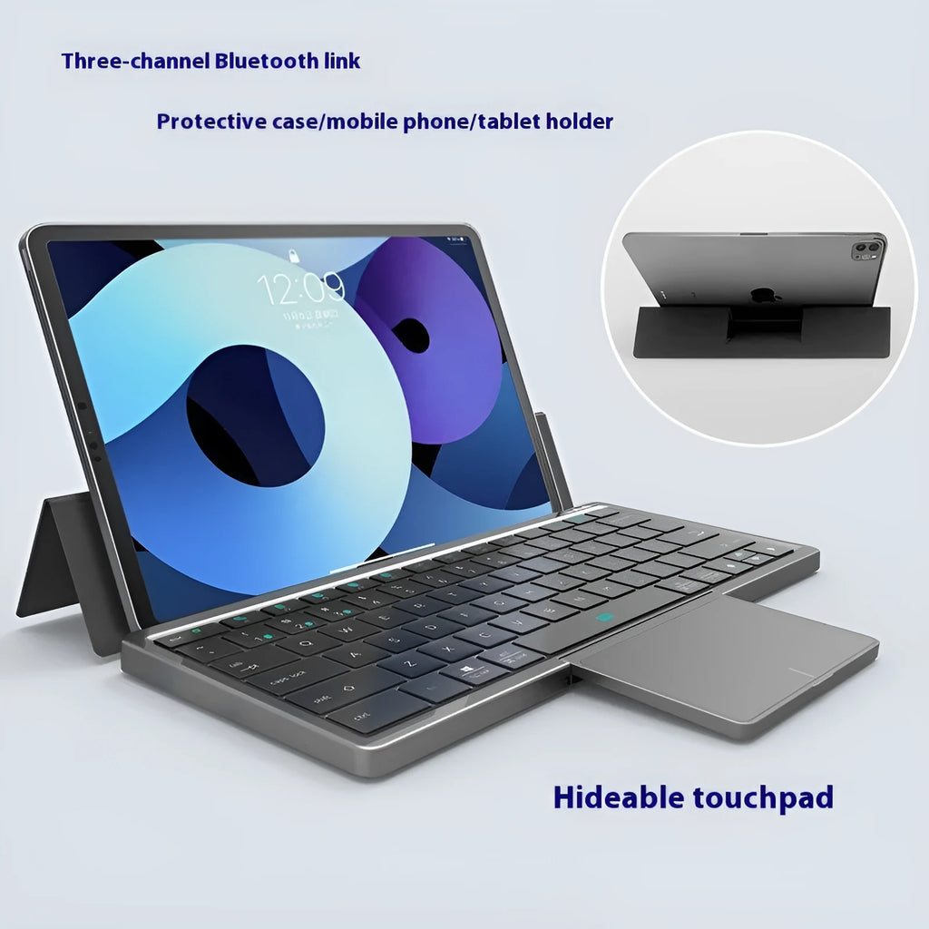 Universal wireless Bluetooth keyboard with touch pad inside a grey hardcover sheath with stand.