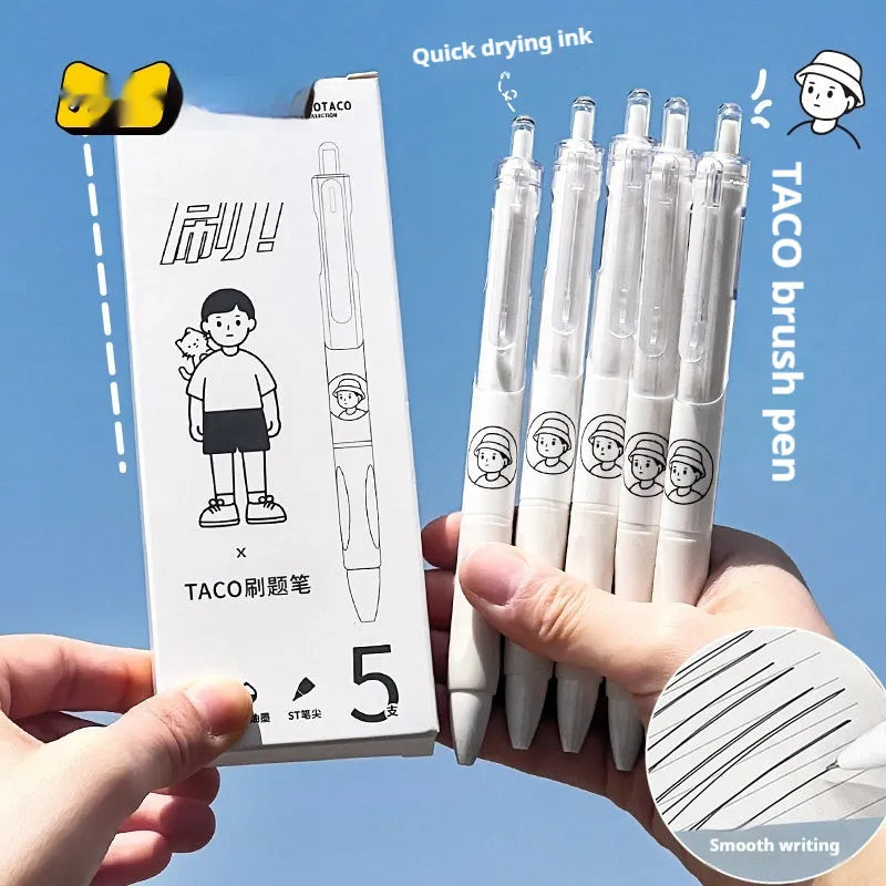Five white and black ballpoint pens with 0.5mm tips and press-style mechanisms for student exams
