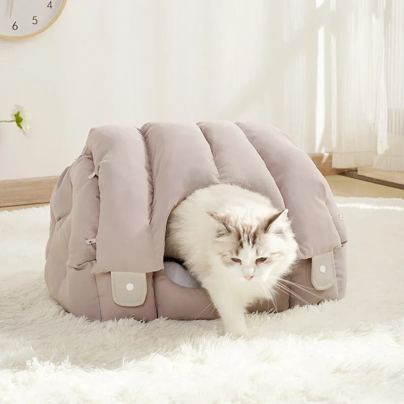 Grey arched cat nest convertible to pet sofa with removable cushion for cats and small dogs