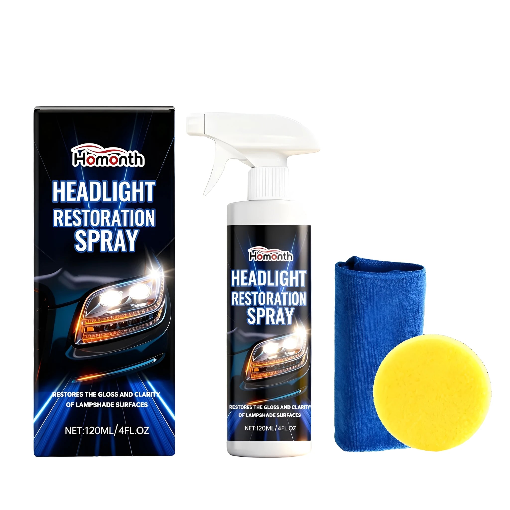 HOMONTH 120ml headlight restoration spray kit with bottle, sponge, and microfibre towel