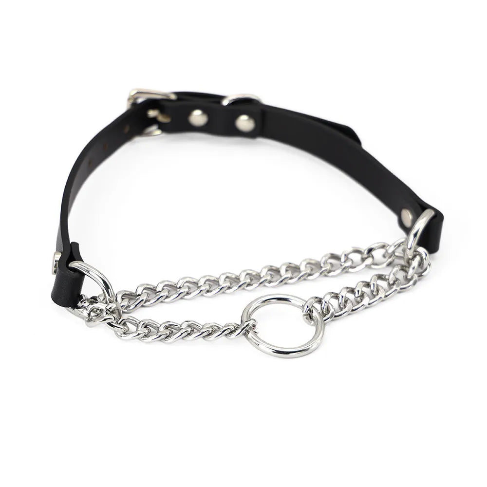 Black leather dog collar and leash set with tightening chain and hand grip rope