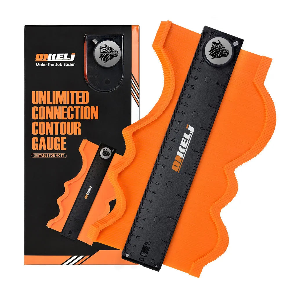 Ten-inch locking contour gauge tool with black ABS body and stainless steel pins on a workbench.
