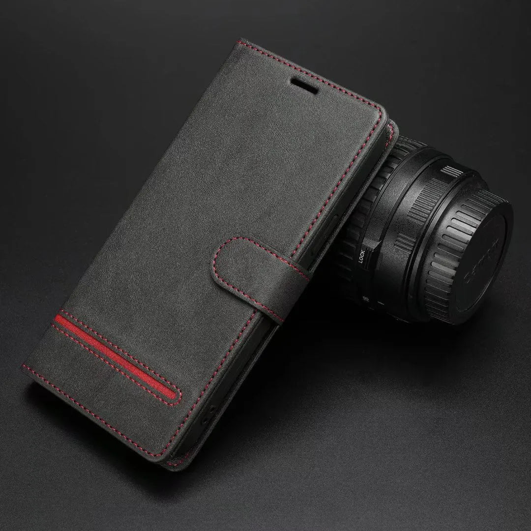 Business pure colour polyurethane leather flip phone case with card slot holder in red for Samsung and Apple models