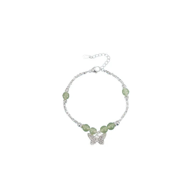 Women's Hetian jade bracelet and necklace set with silver butterfly charms on electroplated copper