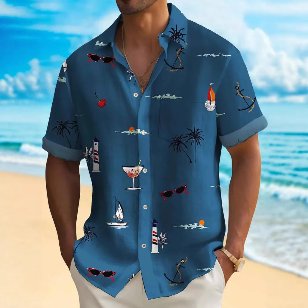 Man wearing a loose-fit short-sleeve Hawaiian shirt with a vibrant digital print pattern.