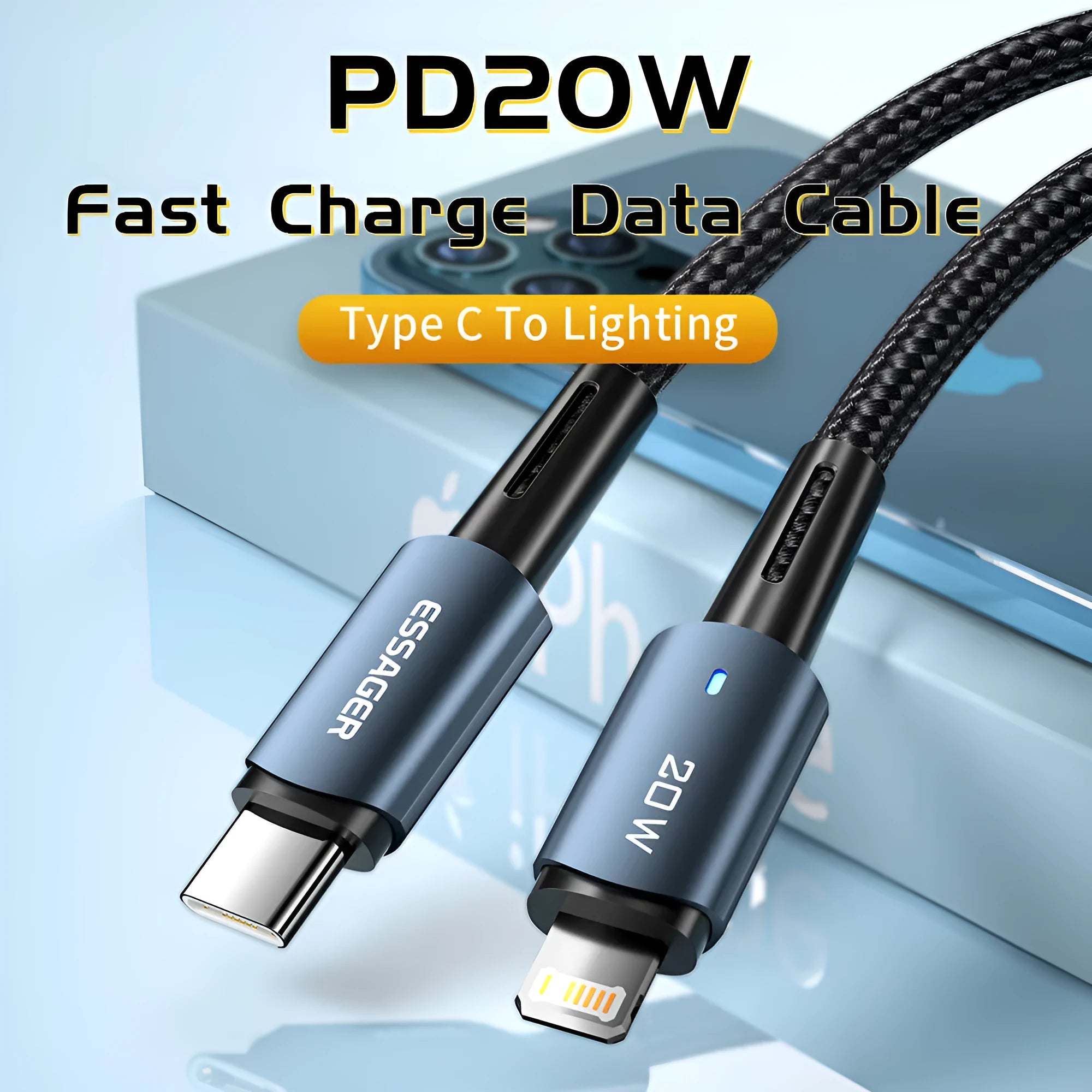 27W PD fast charging mobile phone cable with aluminium alloy section and indicator light in black colour