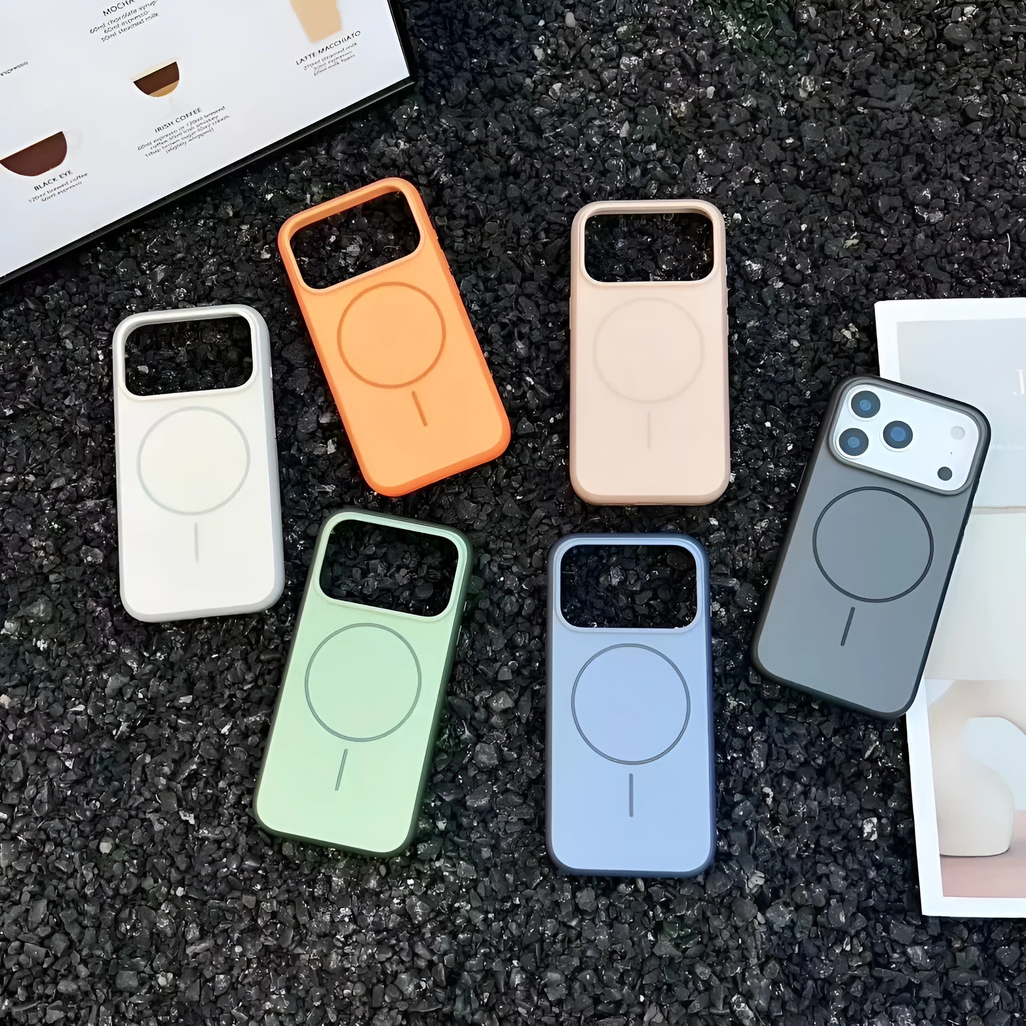 Frosted blue magnetic iPhone case with a built-in AI photography button on the side.