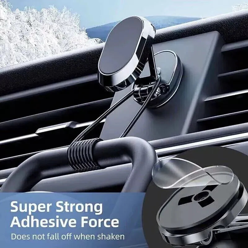 Chrome magnetic car phone holder showing folded and extended positions with 360-degree rotation