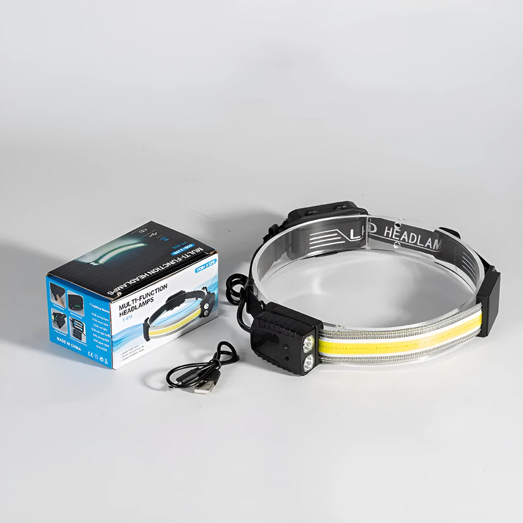 Black multifunctional headlamp with COB and XPE LEDs featuring gesture sensing control