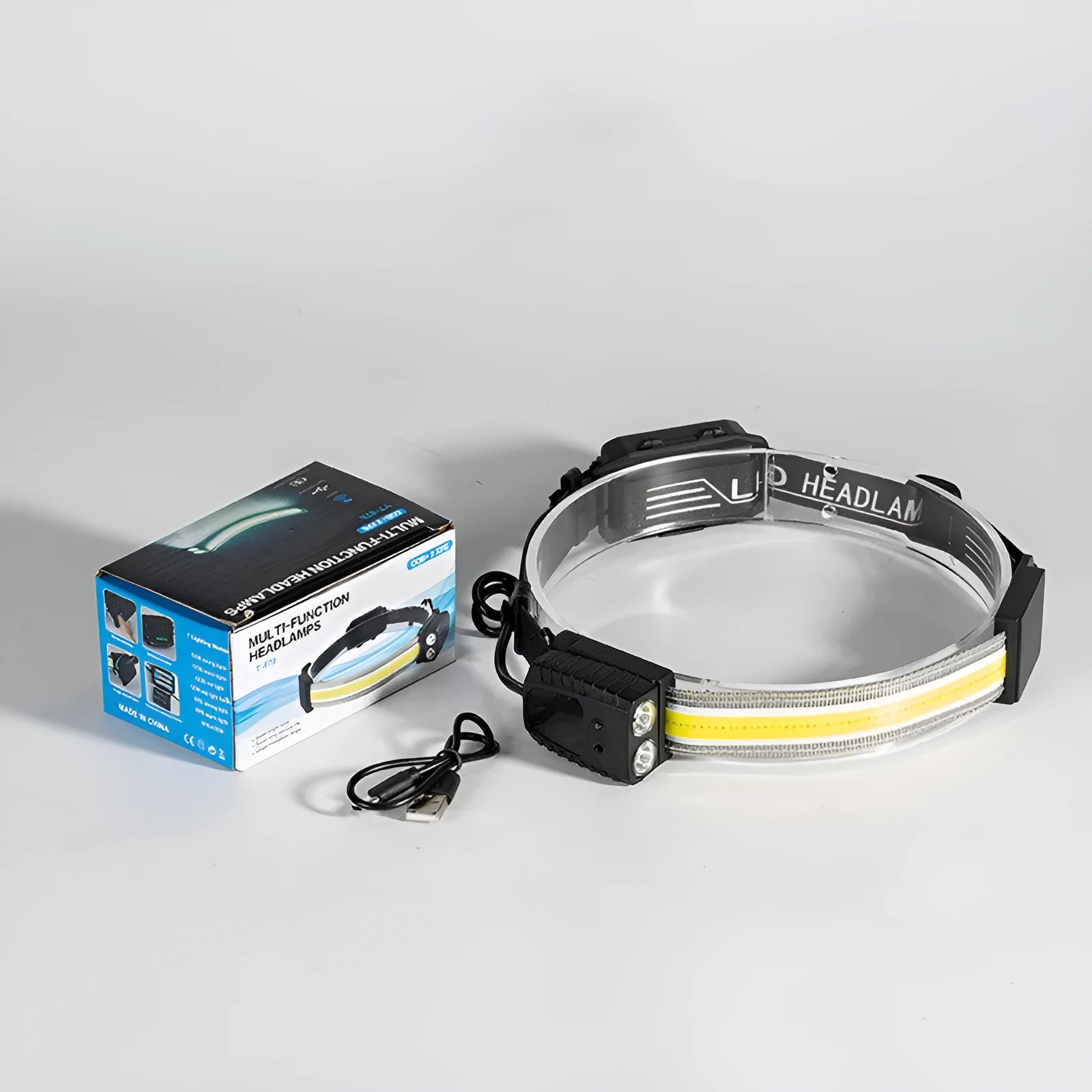 Black multifunctional headlamp with COB and XPE LEDs featuring gesture sensing control