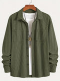Men's corduroy button jacket in solid colour – army green, front view, with button closure and classic collar