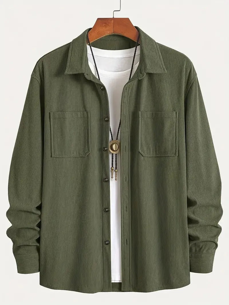 Men's corduroy button jacket in solid colour – army green, front view, with button closure and classic collar