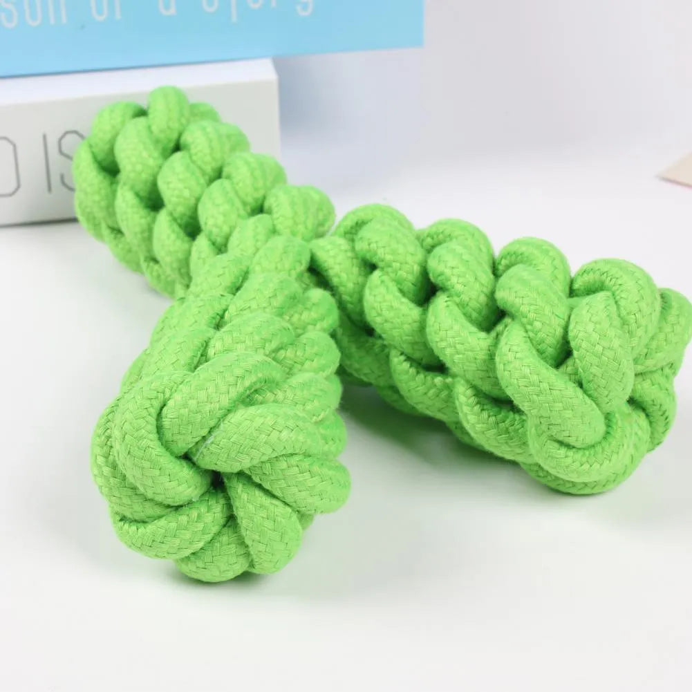 Blue Y-shaped cotton rope dog chew toy for large breeds on a wooden floor.