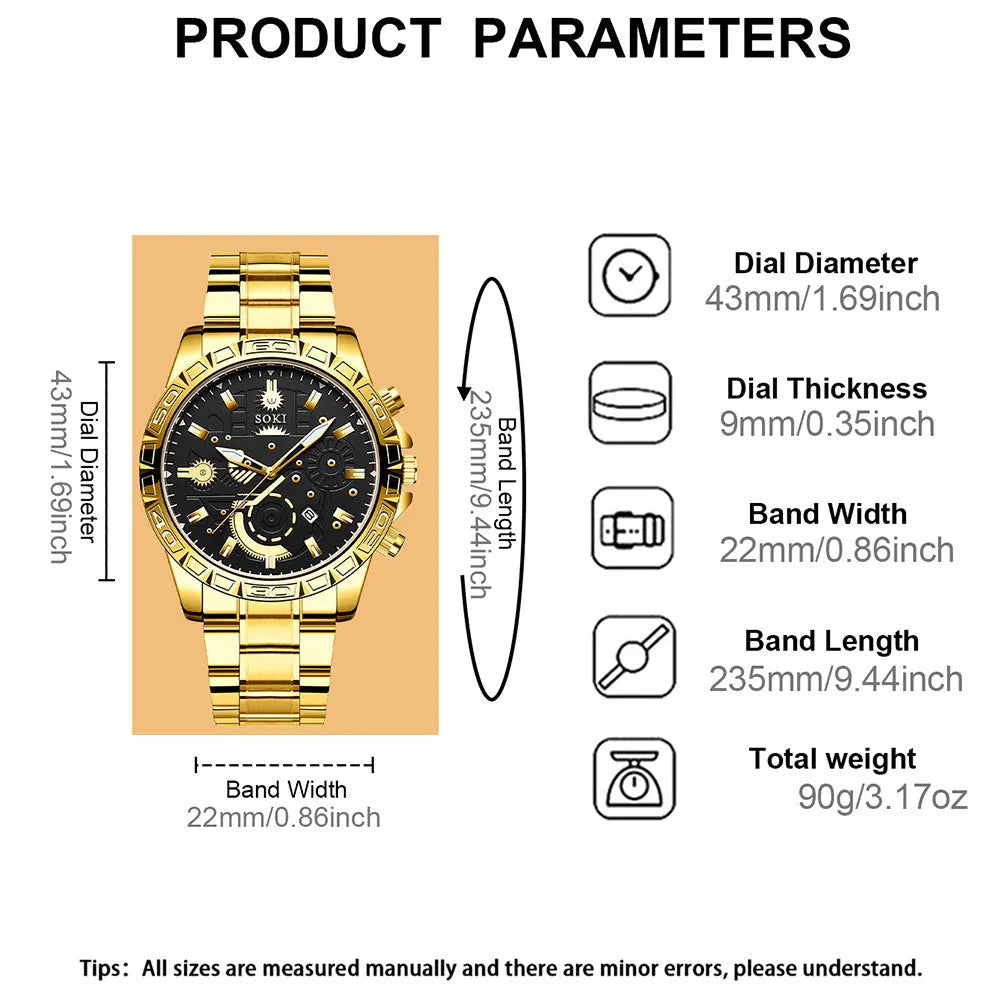 Gold men's business quartz watch with stainless steel strap on a wrist
