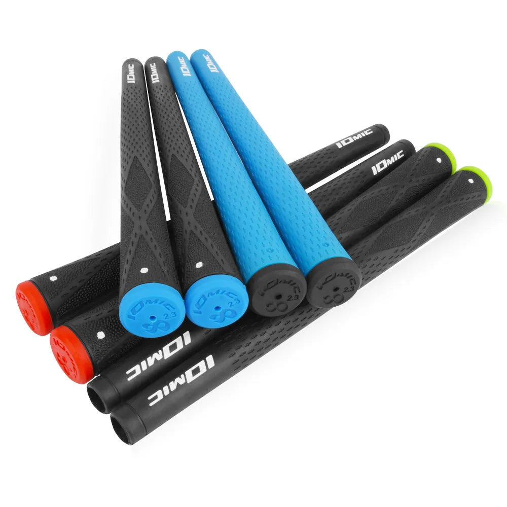 TPE material golf grip shown in various colour options including pink, red, and black.
