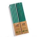 Box of ten green hexagonal wooden pencils, showing HB and 2B grades for writing and sketching.