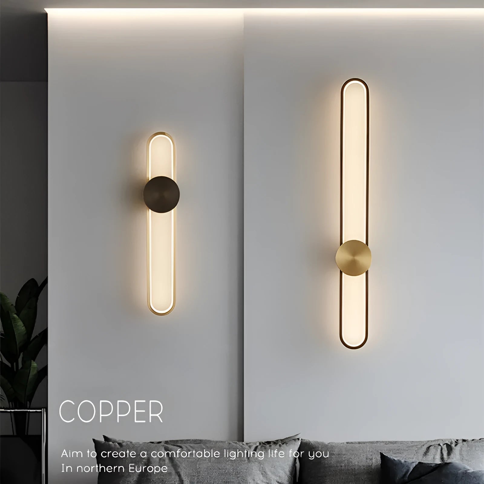 Round minimalist wall lamp with 60cm diameter iron frame and warm LED light in black finish