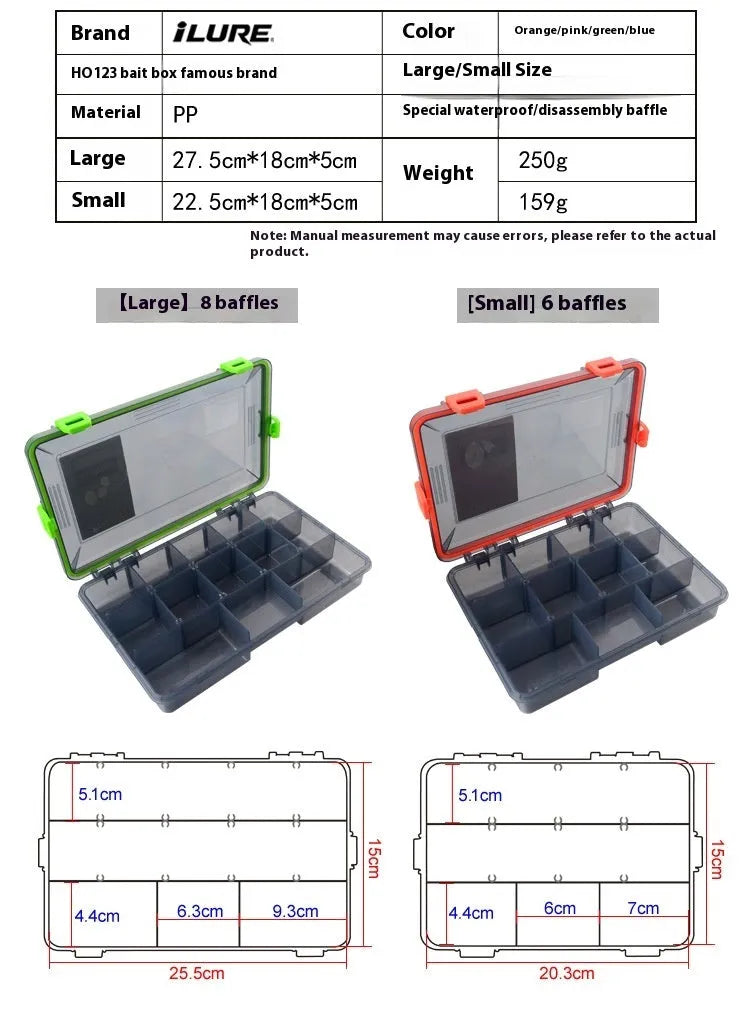 Blue plastic fishing lure storage box with compartments, shown next to a green box of the same design.