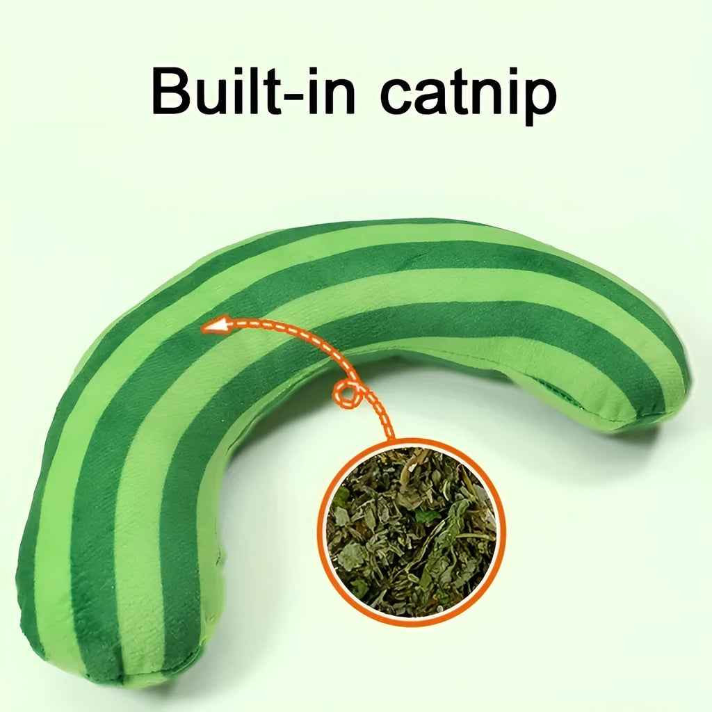 Striped pattern cat toy with squeaker and catnip strip measuring 23 by 20 centimetres