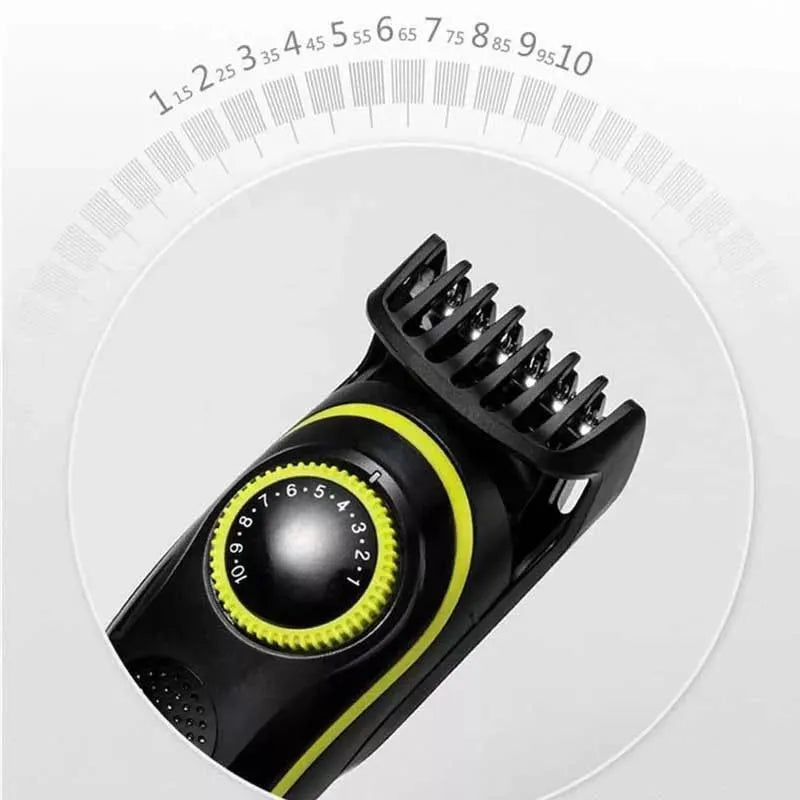 Black KM-696 USB rechargeable electric hair clipper with stainless steel blades on white background