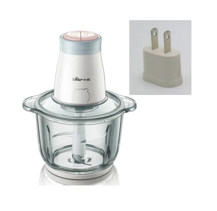 Household electric vegetable chopper with 2L glass bowl and double-layer four-leaf blade