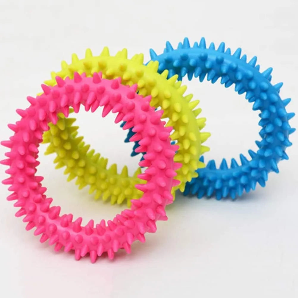 Blue TPR spiky circle ring dog chew toy for dental cleaning and bite training