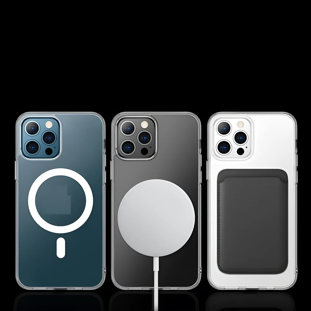 Transparent magnetic hard shell back cover case for iPhone on a table.
