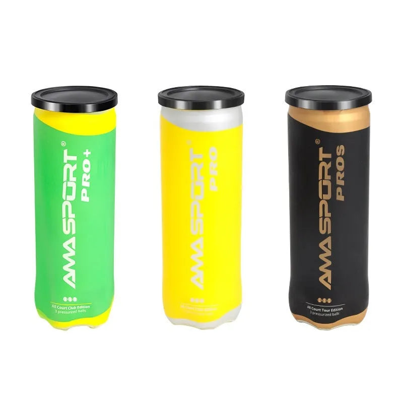 Three high elasticity tennis training balls in black, green and yellow colours for sports coaching