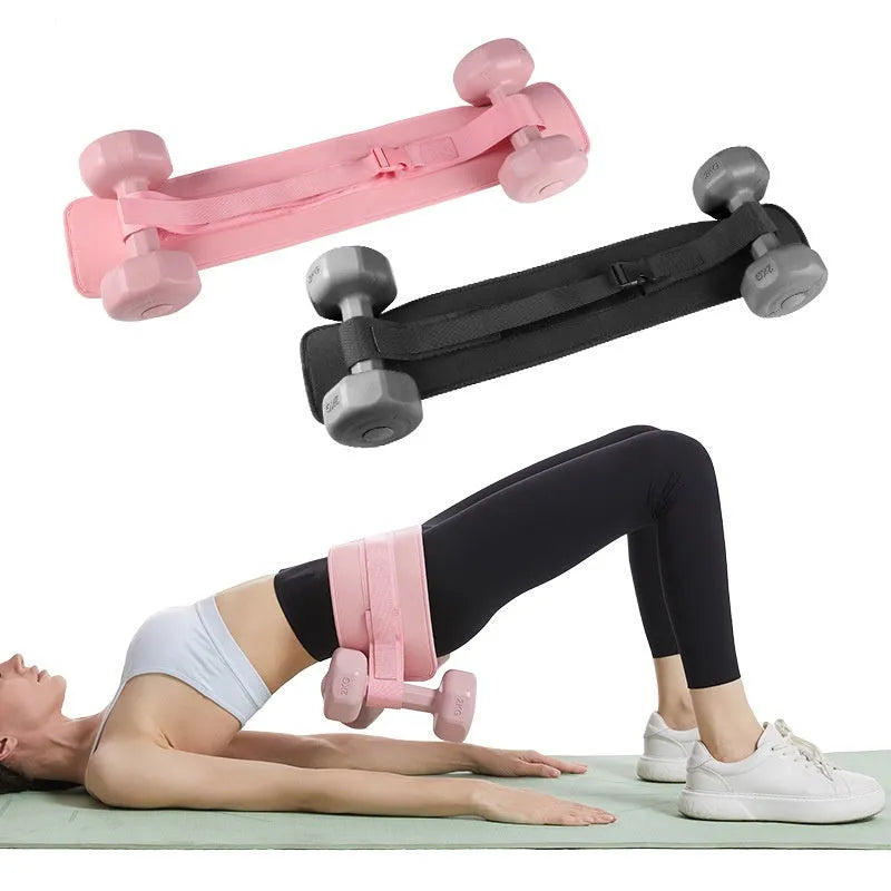 Black fitness training belt with auxiliary strap for weight-bearing hip bridge exercises