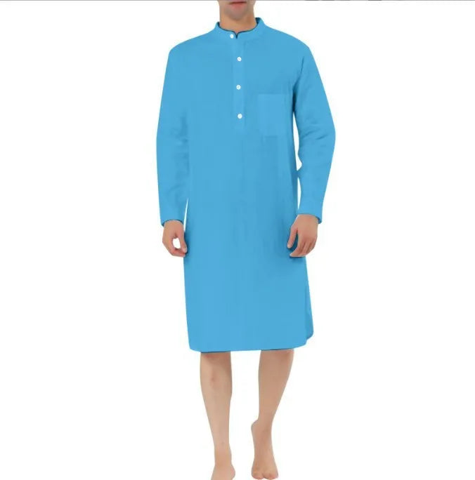 Men's cotton shirt robe in light blue colour with front pocket and shirt-style design