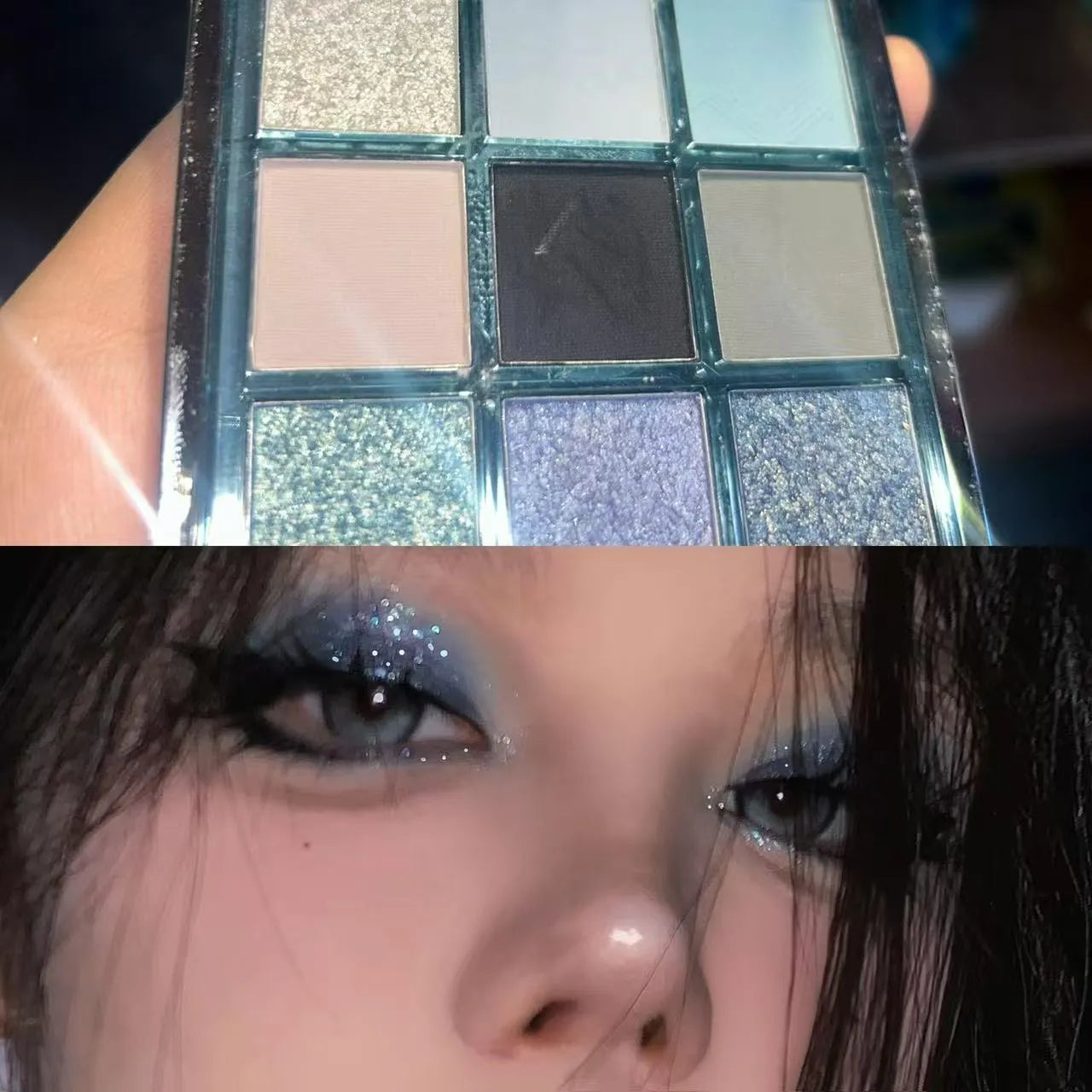 MUGELEEN nine-colour eye shadow palette 08 showing matte, shimmer, and glitter earth tones.