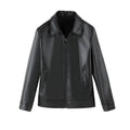 Men's black PU leather casual jacket with zipper pockets and a loose fit.