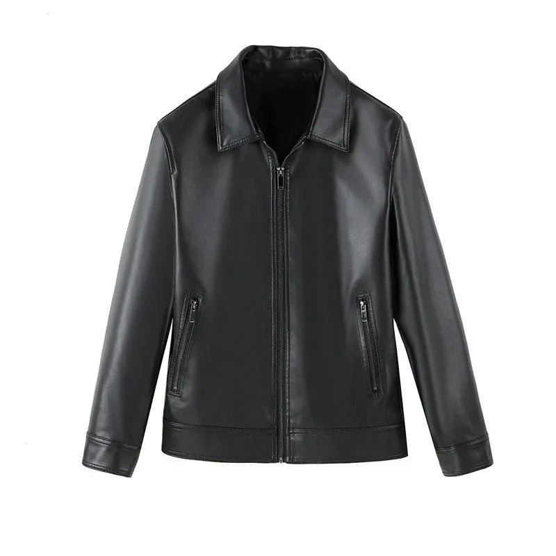 Men's black PU leather casual jacket with zipper pockets and a loose fit.
