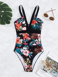 Women's floral pattern one-piece swimsuit with backless design in polyester spandex material
