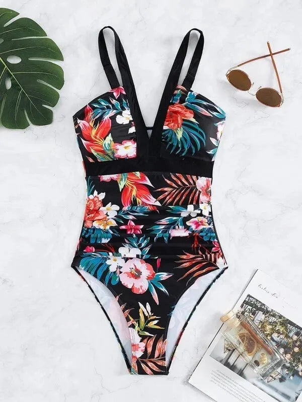 Women's floral pattern one-piece swimsuit with backless design in polyester spandex material