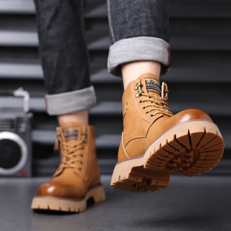 Men's brown high-top Martin boots with side zipper and a mid-height heel on a rubber sole.
