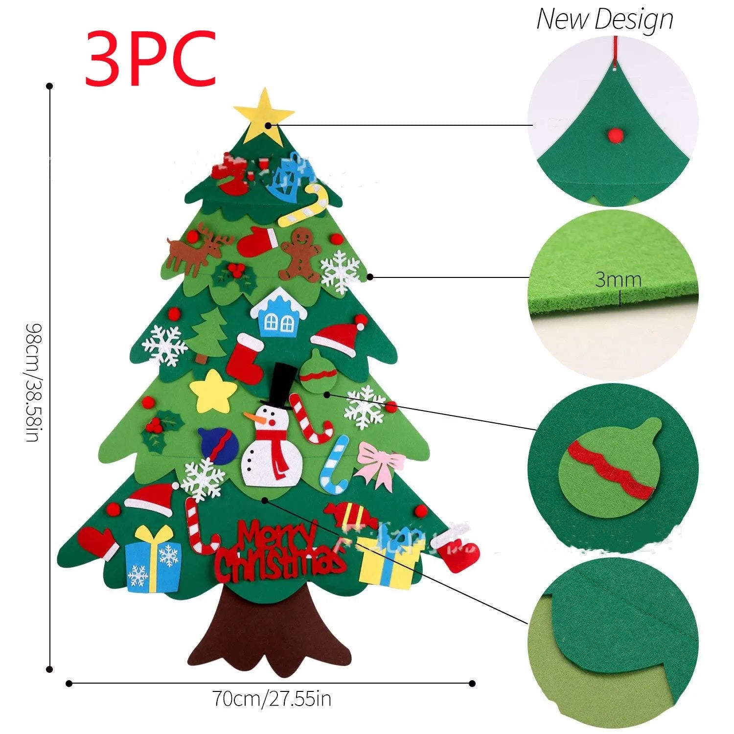Green DIY felt Christmas tree with fairy lights and ornaments on a white wall with decorations attached