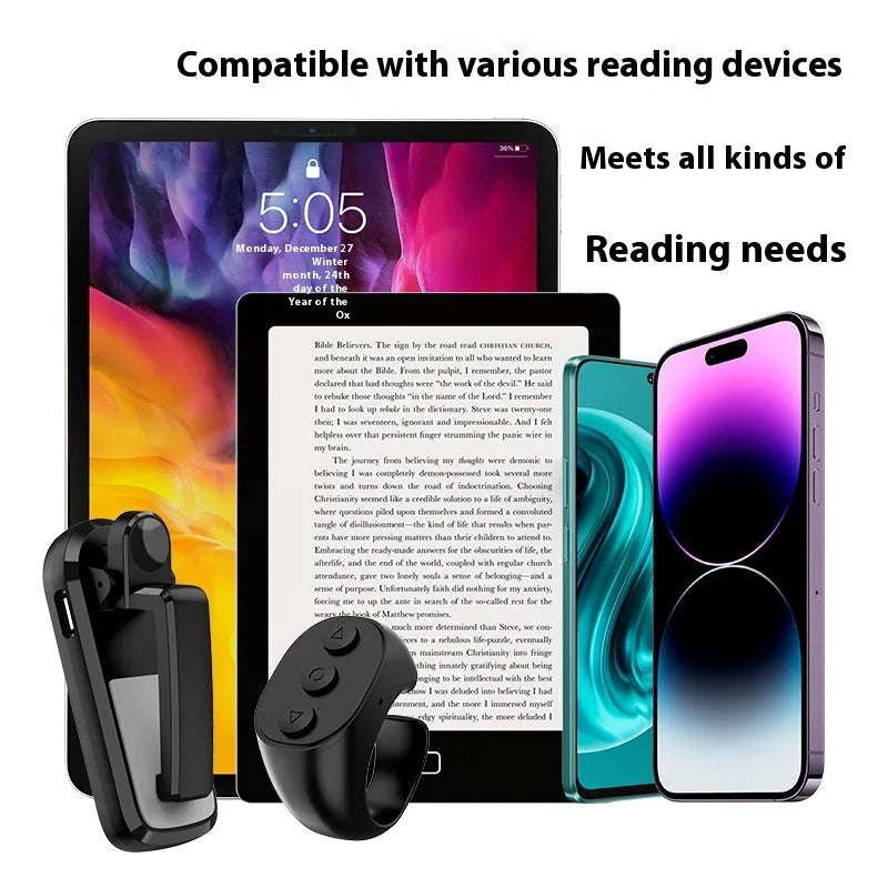Wireless page turner remote control with clicker attachment in black, white, or pink colour.