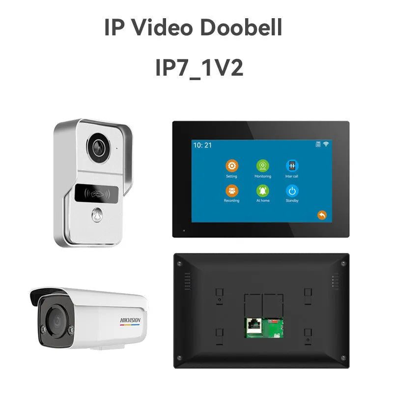 1080P wireless video intercom doorbell system with outdoor camera and indoor monitor on a 10-inch display.