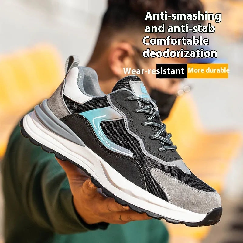 Men's low-top work shoes in Four Seasons colour with suede and mesh upper, steel toe cap, and lace-up fastening.