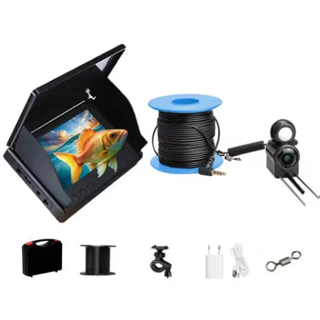 Underwater fishing camera with 4.3-inch screen, camera unit, and coiled cable on a fishing boat deck
